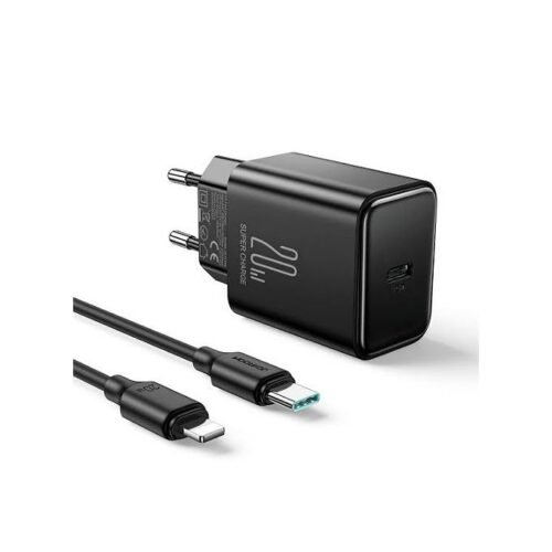 JOYROOM JR-TCF06 Flash Series Charger 20W PD with one port - Black (EU) + C to L cable 1 meter long - Black