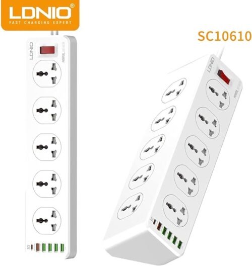 LDNIO 10-eye EU electrical strip, with separate switches for each eye and six USB outlets with a capacity of 3.4 amps, with a fireproof body and a 2-meter cable, 2500 watts.