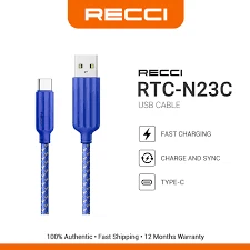كابل شحن ونقل بيانات سريع ريسي (RECCI) موديل RTC-N23C منفذ USB إلى Type-C بقوة 3 أمبير