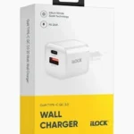 شاحن حائط آي لوك iLOCK GaN بقوة 20 وات ومنفذ ثنائي QC 3.0.