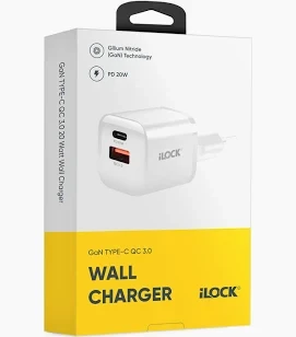 شاحن حائط آي لوك iLOCK GaN بقوة 20 وات ومنفذ ثنائي QC 3.0.