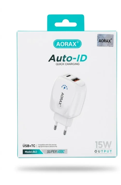شاحن حائط أوراكس AORAX موديل 863 بقدرة 15 وات بمنفذين USB وType-C
